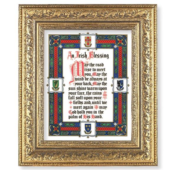 Irish Blessing Picture, 12-1/2"x14-1/2, Antique Gold Leaf Carvings Ornate Frame, Italian Print Under Glass # 25546