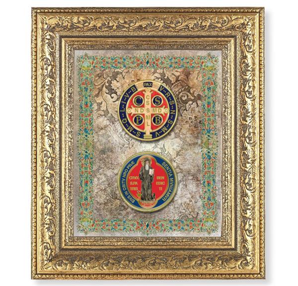 Medals of St. Benedict Picture, 12-1/2"x14-1/2, Antique Gold Leaf Carvings Ornate Frame, Italian Gold Stamped Print Under Glass # 25547