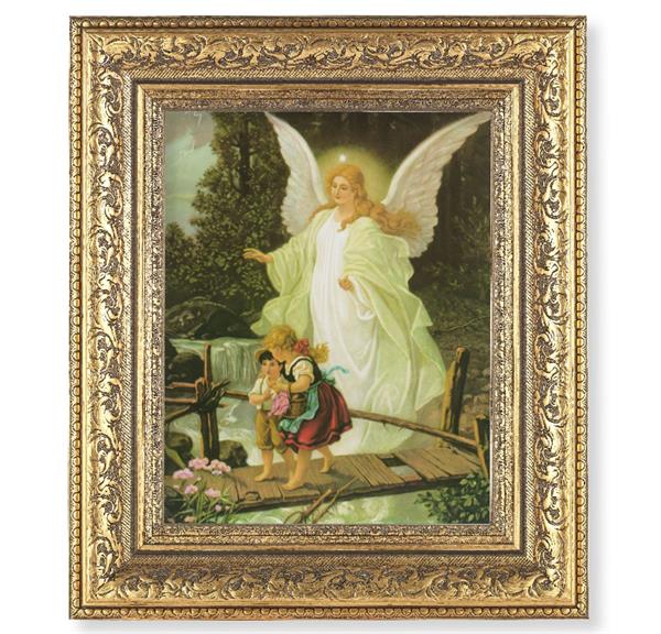 Guardian Angel Picture, 12-1/2"x14-1/2, Antique Gold Leaf Carvings Ornate Frame, Italian Print Under Glass # 25549