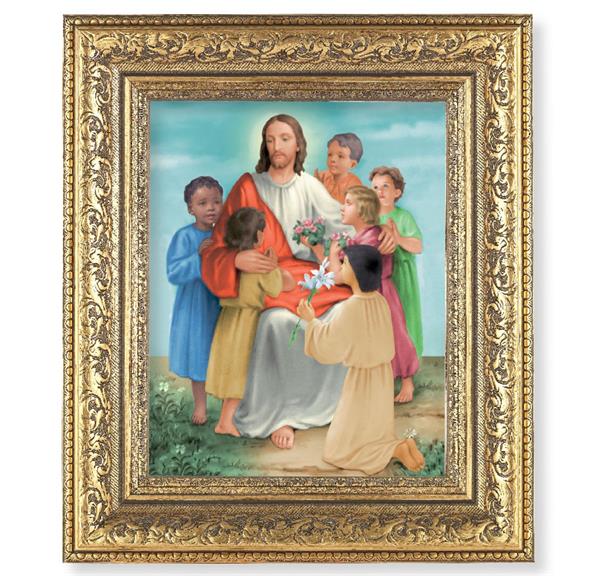 Christ with Children Picture, 12-1/2"x14-1/2, Antique Gold Leaf Carvings Ornate Frame, Italian Print Under Glass # 25550