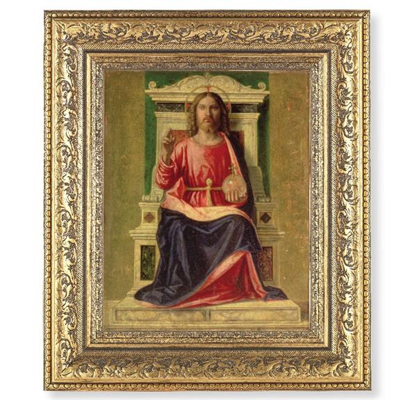 King of Heaven Picture, 12-1/2"x14-1/2, Antique Gold Leaf Carvings Ornate Frame, Italian Print Under Glass # 25552