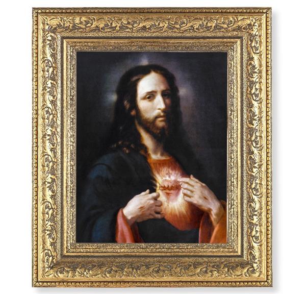 Sacred Heart of Jesus Picture, 12-1/2"x14-1/2, Antique Gold Leaf Carvings Ornate Frame, Italian Print Under Glass # 25553