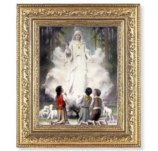 Our Lady of Fatima Picture, 12-1/2"x14-1/2, Antique Gold Leaf Carvings Ornate Frame, Italian Print Under Glass # 25557