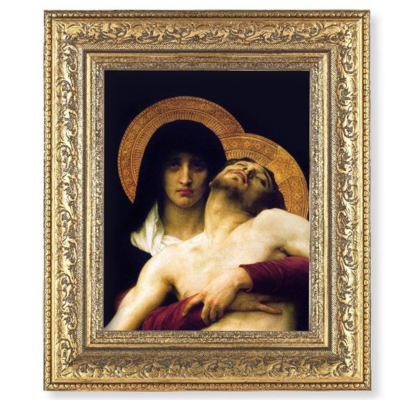 The Pieta Picture, 12-1/2"x14-1/2, Antique Gold Leaf Carvings Ornate Frame, Italian Print Under Glass # 25558