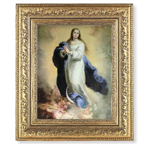 Immaculate Conception Picture, 12-1/2"x14-1/2, Antique Gold Leaf Carvings Ornate Frame, Italian Print Under Glass # 25559