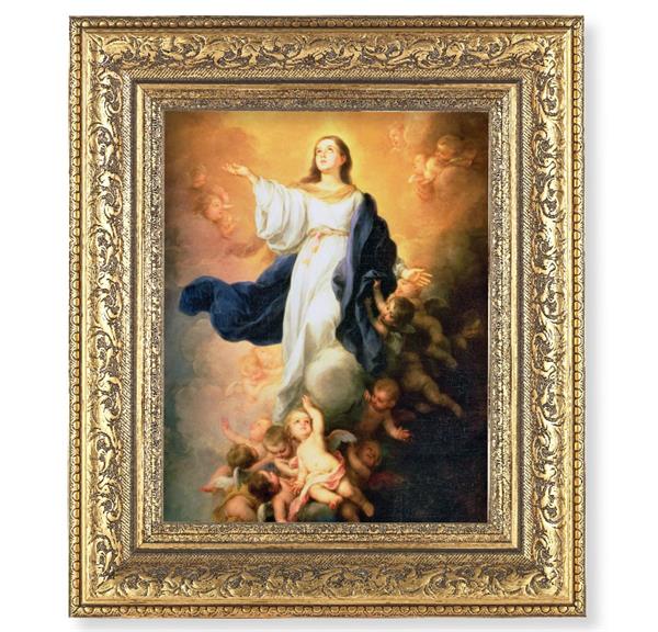 Immaculate Conception Picture, 12-1/2"x14-1/2, Antique Gold Leaf Carvings Ornate Frame, Italian Print Under Glass # 25560