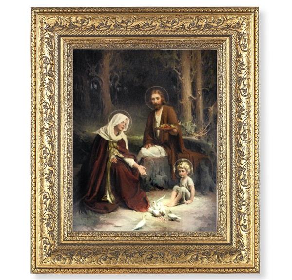 Holy Family Picture, 12-1/2"x14-1/2, Antique Gold Leaf Carvings Ornate Frame, Italian Print Under Glass # 25561