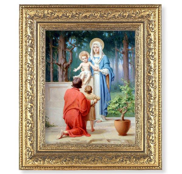Holy Family/St. John The Baptist Picture, 12-1/2"x14-1/2, Antique Gold Leaf Carvings Ornate Frame, Italian Print Under Glass # 25563