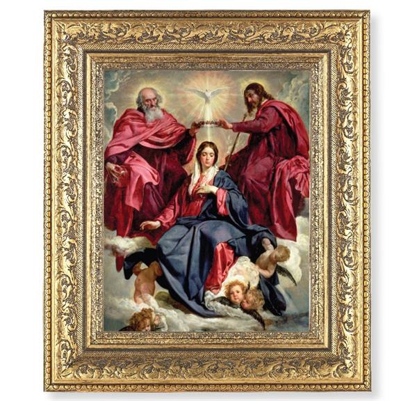 Crowning of Mary Picture, 12-1/2"x14-1/2, Antique Gold Leaf Carvings Ornate Frame, Italian Print Under Glass # 25564