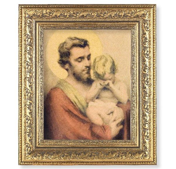 St. Joseph with Crying Jesus Picture, 12-1/2"x14-1/2, Antique Gold Leaf Carvings Ornate Frame, Italian Print Under Glass # 25565