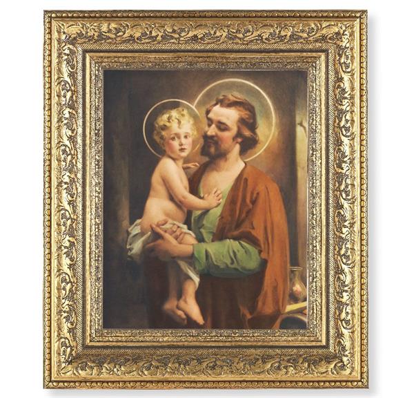 St. Joseph with Jesus Picture, 12-1/2"x14-1/2, Antique Gold Leaf Carvings Ornate Frame, Italian Print Under Glass # 25566