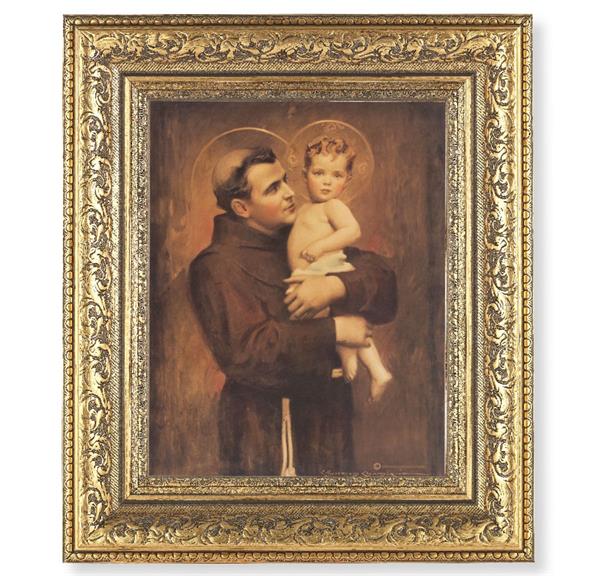 St. Anthony with Jesus Picture, 12-1/2"x14-1/2, Antique Gold Leaf Carvings Ornate Frame, Italian Print Under Glass # 25567