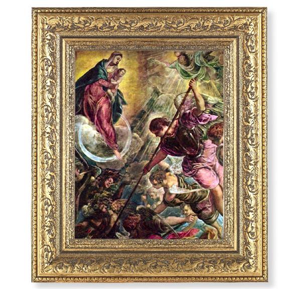 Battle of Archangel St. Michael Picture, 12-1/2"x14-1/2, Antique Gold Leaf Carvings Ornate Frame, Italian Print Under Glass # 25568