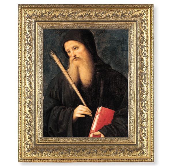 St. Benedict Picture, 12-1/2"x14-1/2, Antique Gold Leaf Carvings Ornate Frame, Italian Print Under Glass # 25569