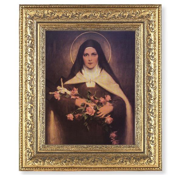 St. Therese of Lisieux Picture, 12-1/2"x14-1/2, Antique Gold Leaf Carvings Ornate Frame, Italian Print Under Glass # 25570