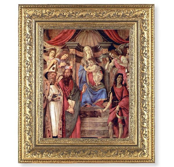 Madonna Throne of Angels Picture, 12-1/2"x14-1/2, Antique Gold Leaf Carvings Ornate Frame, Italian Print Under Glass # 25571