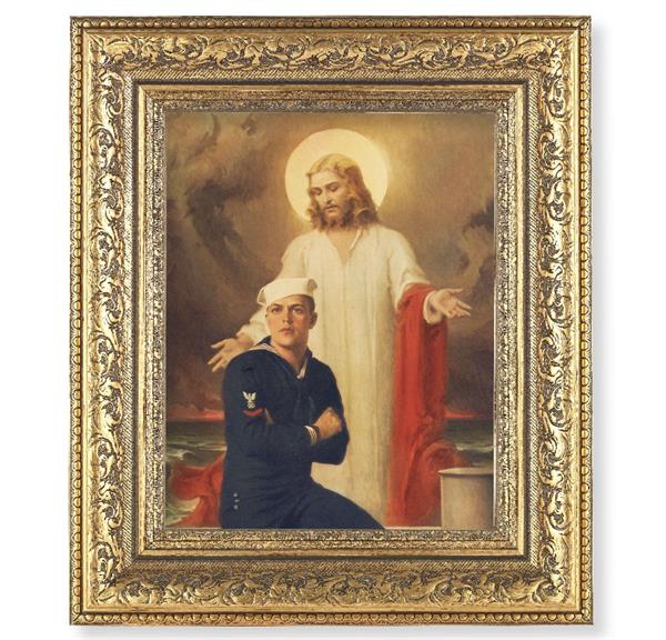 Jesus with Sailor Picture, 12-1/2"x14-1/2, Antique Gold Leaf Carvings Ornate Frame, Italian Print Under Glass # 25572