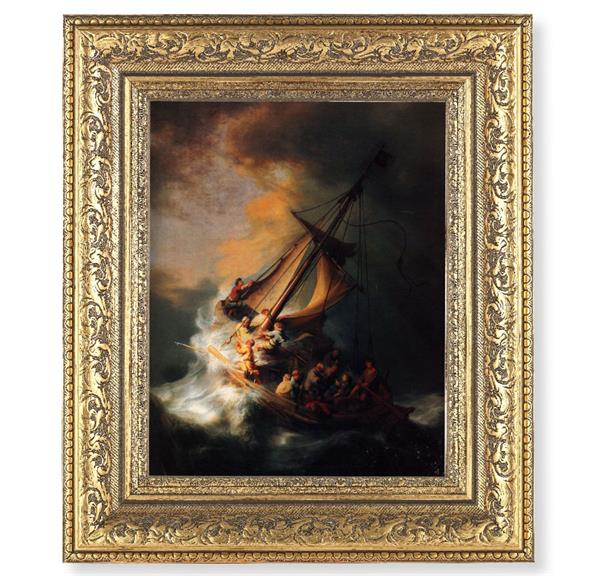 The Storm on The Sea of Galilee Picture, 12-1/2"x14-1/2, Antique Gold Leaf Carvings Ornate Frame, Italian Print Under Glass # 25573