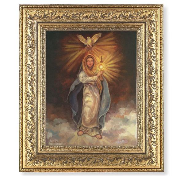 Mary with Monstrance Picture, 12-1/2"x14-1/2, Antique Gold Leaf Carvings Ornate Frame, Italian Print Under Glass # 25574