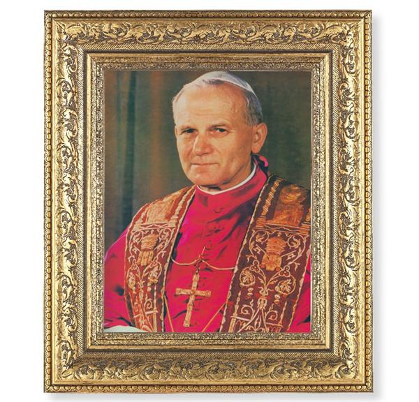 St. Pope John Paul II Picture, 12-1/2"x14-1/2, Antique Gold Leaf Carvings Ornate Frame, Italian Print Under Glass # 25575