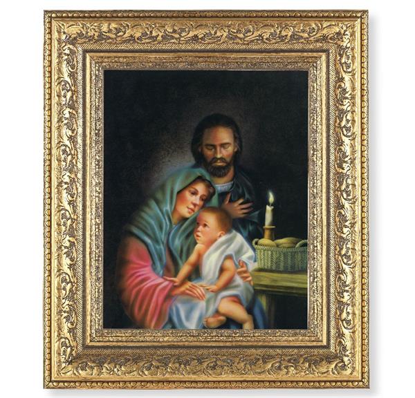 The Holy Family Picture, 12-1/2"x14-1/2, Antique Gold Leaf Carvings Ornate Frame, Italian Print Under Glass # 25576