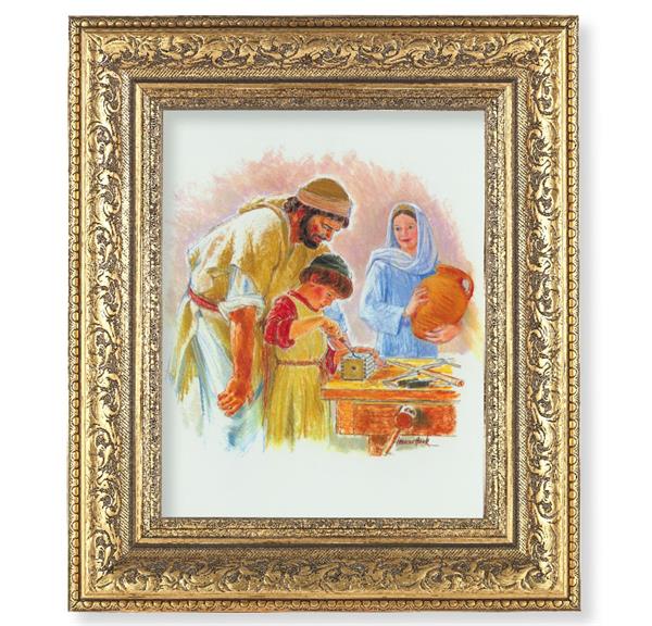 Jesus the Carpenter Picture, 12-1/2"x14-1/2, Antique Gold Leaf Carvings Ornate Frame, Italian Print Under Glass # 25577