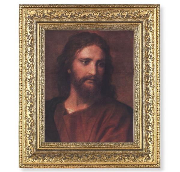 Head of Christ Picture, 12-1/2"x14-1/2, Antique Gold Leaf Carvings Ornate Frame, Italian Print Under Glass # 25578