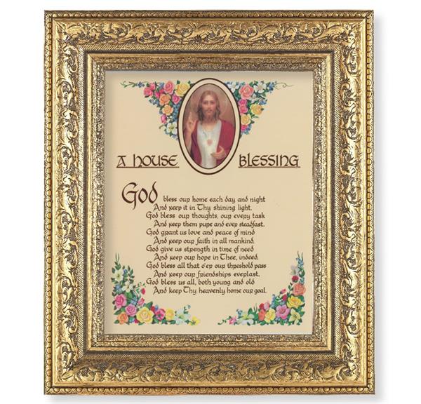 A House Blessing Picture, 12-1/2"x14-1/2, Antique Gold Leaf Carvings Ornate Frame, Italian Print Under Glass # 25579