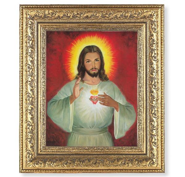 Sacred Heart of Jesus Picture, 12-1/2"x14-1/2, Antique Gold Leaf Carvings Ornate Frame, Italian Print Under Glass # 25580