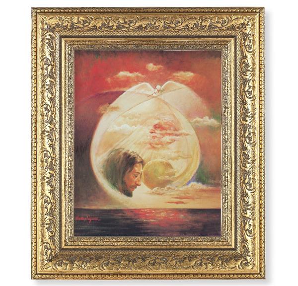 The Holy Trinity Picture, 12-1/2"x14-1/2, Antique Gold Leaf Carvings Ornate Frame, Italian Print Under Glass # 25581