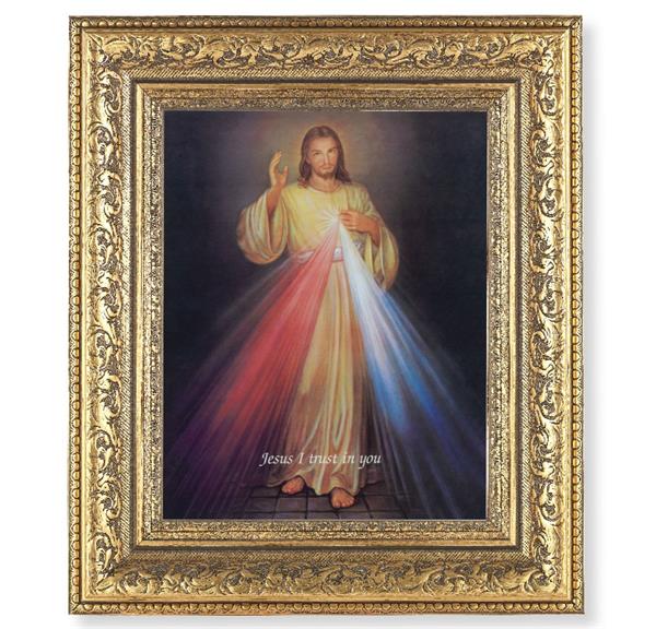Divine Mercy Picture, 12-1/2"x14-1/2, Antique Gold Leaf Carvings Ornate Frame, Italian Print Under Glass # 25583