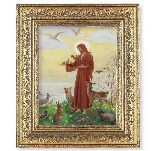 Jesus with Animals Picture, 12-1/2"x14-1/2, Antique Gold Leaf Carvings Ornate Frame, Italian Print Under Glass # 25584
