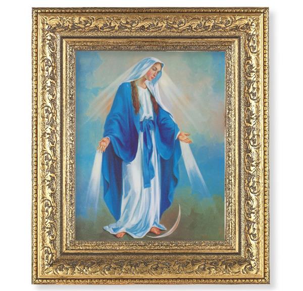 Our Lady of Grace Picture, 12-1/2"x14-1/2, Antique Gold Leaf Carvings Ornate Frame, Italian Print Under Glass # 25585