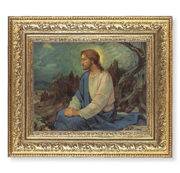 Meditation in The Garden Picture, 12-1/2"x14-1/2, Antique Gold Leaf Carvings Ornate Frame, Italian Print Under Glass # 25586