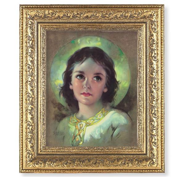 The Child Jesus Picture, 12-1/2"x14-1/2, Antique Gold Leaf Carvings Ornate Frame, Italian Print Under Glass # 25587