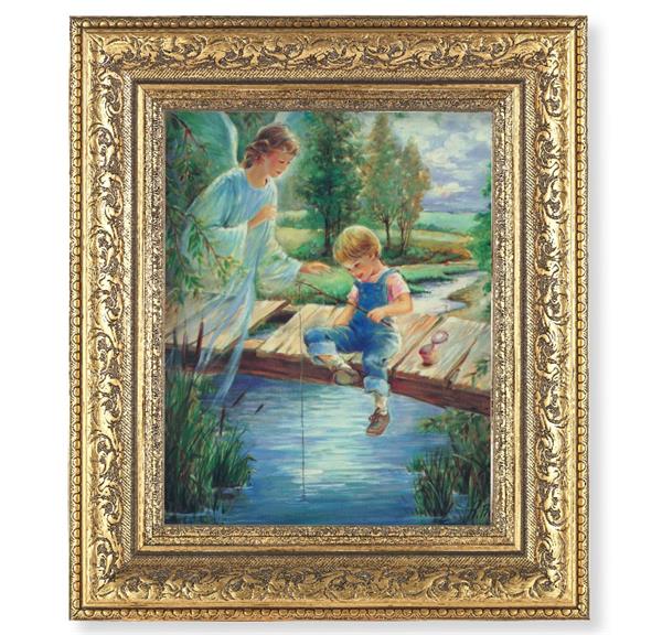 Guardian Angel with Boy Picture, 12-1/2"x14-1/2, Antique Gold Leaf Carvings Ornate Frame, Italian Print Under Glass # 25588