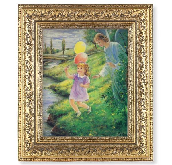 Guardian Angel with Girl Picture, 12-1/2"x14-1/2, Antique Gold Leaf Carvings Ornate Frame, Italian Print Under Glass # 25589