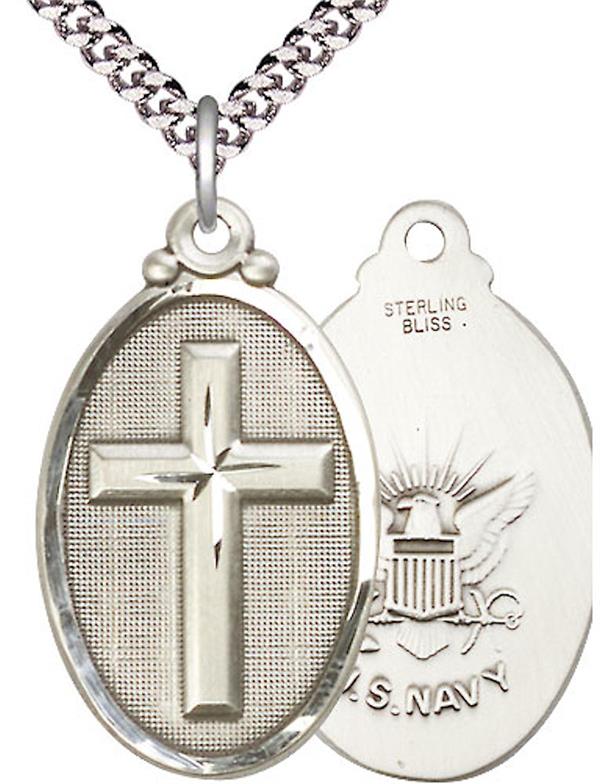 Navy Oval Cross Medal, 1-1/8" tall, Sterling Silver, Your Choice of Chain, # 2559