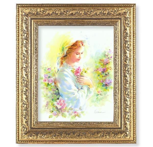 Mystical Rose Picture, 12-1/2"x14-1/2, Antique Gold Leaf Carvings Ornate Frame, Italian Print Under Glass # 25591
