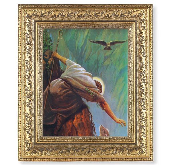 The Lost Sheep Picture, 12-1/2"x14-1/2, Antique Gold Leaf Carvings Ornate Frame, Italian Print Under Glass # 25592