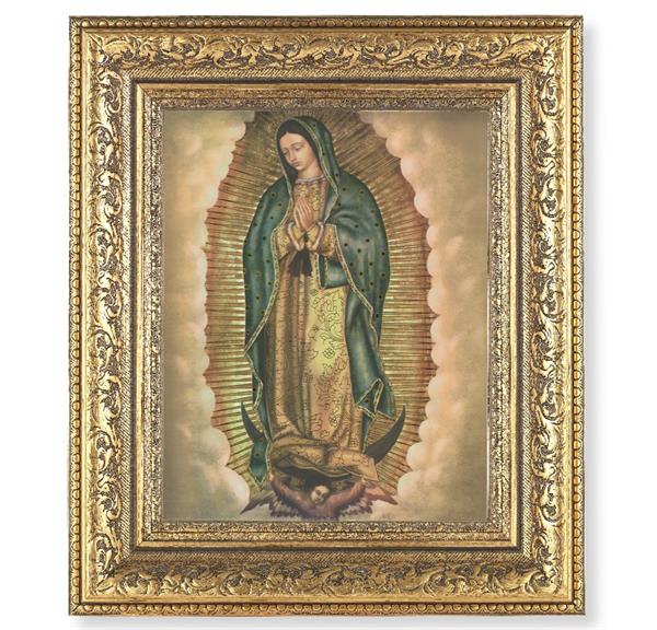 Our Lady of Guadalupe Picture, 12-1/2"x14-1/2, Antique Gold Leaf Carvings Ornate Frame, Italian Print Under Glass # 25593