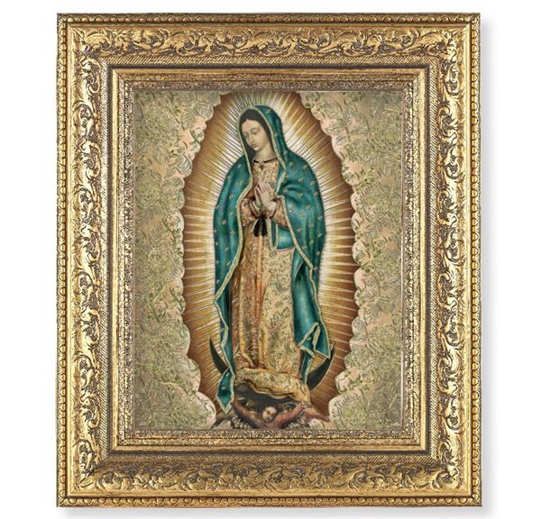 Our Lady of Guadalupe Picture, 12-1/2"x14-1/2, Antique Gold Leaf Carvings Ornate Frame, Italian Gold Stamped Print Under Glass # 25594