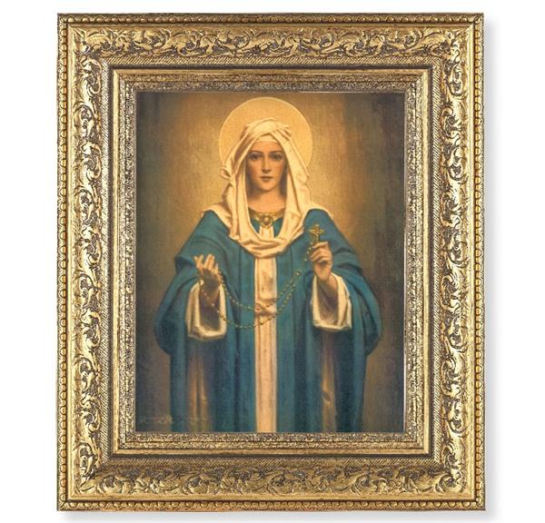 Our Lady of The Rosary Picture, 12-1/2"x14-1/2, Antique Gold Leaf Carvings Ornate Frame, Italian Print Under Glass # 25596