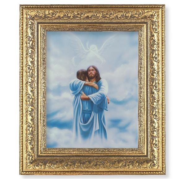 Welcome Home Picture, 12-1/2"x14-1/2, Antique Gold Leaf Carvings Ornate Frame, Italian Print Under Glass # 25597