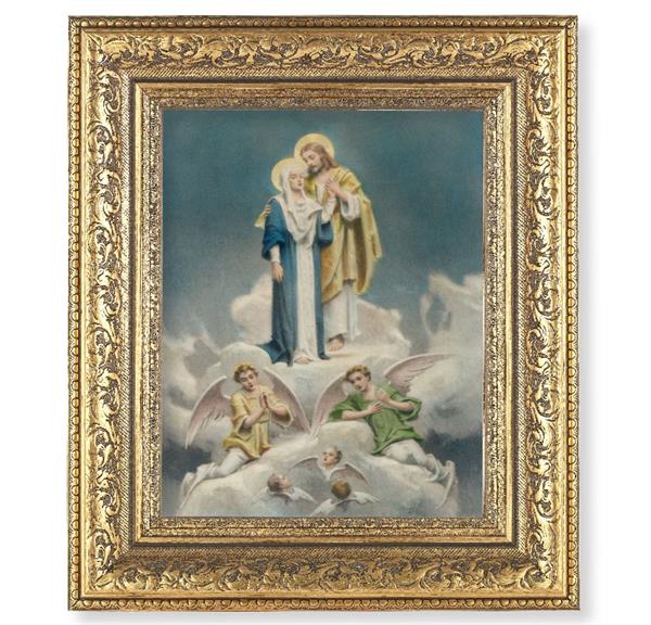 Jesus & Mary Picture, 12-1/2"x14-1/2, Antique Gold Leaf Carvings Ornate Frame, Italian Print Under Glass # 25598