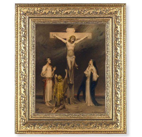 The Crucifixion of The Christ Picture, 12-1/2"x14-1/2, Antique Gold Leaf Carvings Ornate Frame, Italian Print Under Glass # 25599