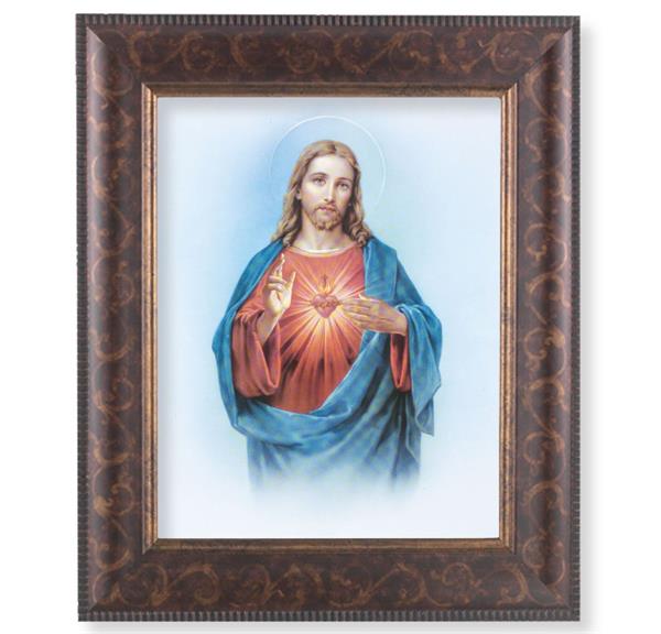 Sacred Heart Picture, 11-1/4"x13-1/4, Antique Gold & Espresso Frame, Italian Print Under Glass # 25782