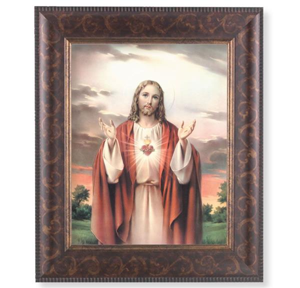 Sacred Heart of Jesus Picture, 11-1/4"x13-1/4, Antique Gold & Espresso Frame, Italian Print Under Glass # 25784