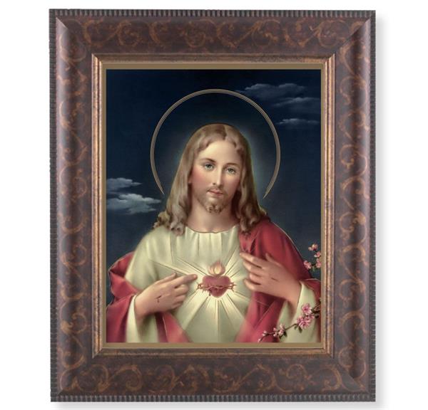 Sacred Heart of Jesus Picture, 11-1/4"x13-1/4, Antique Gold & Espresso Frame, Italian Print Under Glass # 25785
