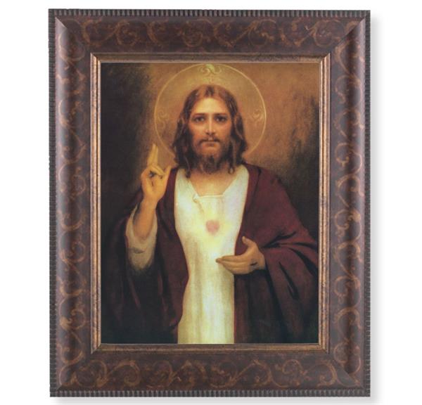 Sacred Heart of Jesus Picture, 11-1/4"x13-1/4, Antique Gold & Espresso Frame, Italian Print Under Glass # 25788